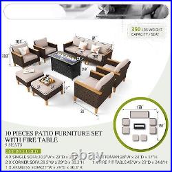 10 PCS Patio Furniture Set Outdoor Conversation Set Rattan Sofa WithFire Pit Table