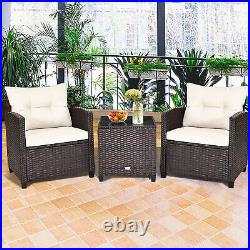 3PCS Outdoor Patio Rattan Conversation Set Garden Yard with Off White Cushions