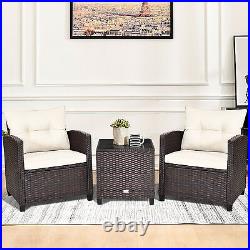 3PCS Outdoor Patio Rattan Conversation Set Garden Yard with Off White Cushions