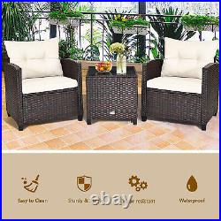 3PCS Outdoor Patio Rattan Conversation Set Garden Yard with Off White Cushions