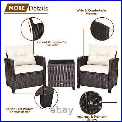 3PCS Outdoor Patio Rattan Conversation Set Garden Yard with Off White Cushions