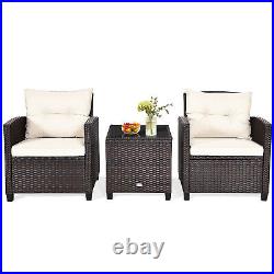 3PCS Outdoor Patio Rattan Conversation Set Garden Yard with Off White Cushions