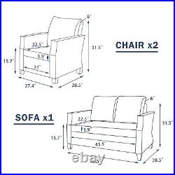 3PCS Outdoor Patio Rattan Furniture Set Cushioned Conversation Sofa Lawn Brown