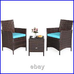 3PCS Outdoor Rattan Conversation Set Patio Furniture Set With Blue Cushions