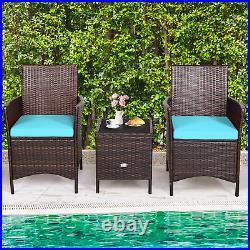 3PCS Outdoor Rattan Conversation Set Patio Furniture Set With Blue Cushions