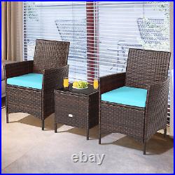 3PCS Outdoor Rattan Conversation Set Patio Furniture Set With Blue Cushions