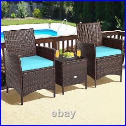 3PCS Outdoor Rattan Conversation Set Patio Furniture Set With Blue Cushions