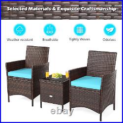 3PCS Outdoor Rattan Conversation Set Patio Furniture Set With Blue Cushions