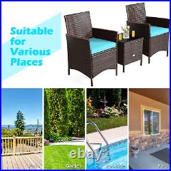 3PCS Outdoor Rattan Conversation Set Patio Furniture Set With Blue Cushions