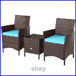 3PCS Outdoor Rattan Conversation Set Patio Furniture Set With Blue Cushions