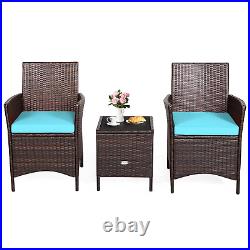 3PCS Outdoor Rattan Conversation Set Patio Furniture Set With Blue Cushions