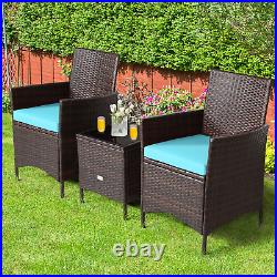 3PCS Outdoor Rattan Conversation Set Patio Furniture Set With Blue Cushions