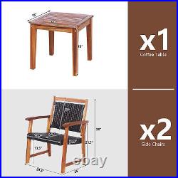 3PCS Patio Acacia Wood Rattan Bistro Set Outdoor Conversation Furniture Set