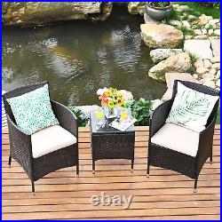 3PCS Patio Rattan Chair & Table Furniture Set Outdoor with Beige Cushion