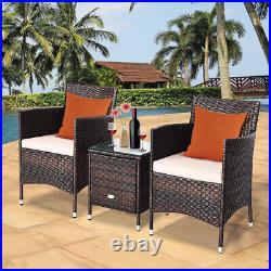 3PCS Patio Rattan Chair & Table Furniture Set Outdoor with Beige Cushion