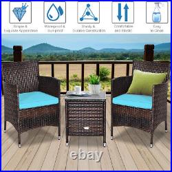 3PCS Patio Rattan Chair & Table Furniture Set Outdoor with Turquoise Cushion