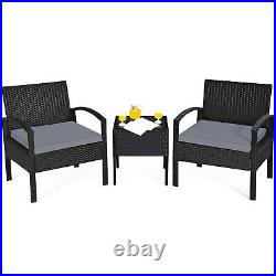 3PCS Patio Rattan Conversation Furniture Set Outdoor Yard with Grey Cushions