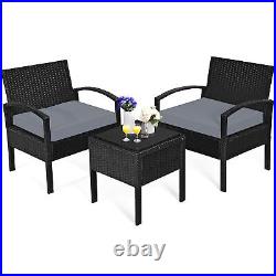 3PCS Patio Rattan Conversation Furniture Set Outdoor Yard with Grey Cushions