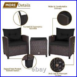 3PCS Patio Rattan Furniture Set Cushion Conversation Set Sofa Coffee Table Black