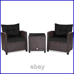3PCS Patio Rattan Furniture Set Cushion Conversation Set Sofa Coffee Table Black