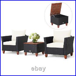 3PCS Rattan Furniture Set Cushioned Sofa Storage Table With Wood Top Patio White