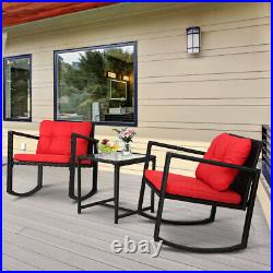 3PCS Rattan Patio Furniture Set Outdoor Rocking Wicker Bistro Set WithCushions Red