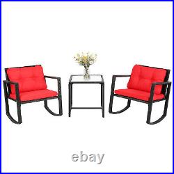 3PCS Rattan Patio Furniture Set Outdoor Rocking Wicker Bistro Set WithCushions Red