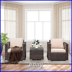 3 PCS Patio Rattan Furniture Set Conversation Wicker Sofa Set with Coffee Table