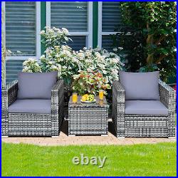3 PCS Patio Rattan Furniture Set Cushioned Sofa Chair Glass Table for Outdoor