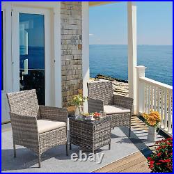 3 Pieces Patio Dining PE Rattan Wicker Chair Furniture Set with Cushion and Glas