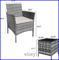 3 Pieces Patio Dining PE Rattan Wicker Chair Furniture Set with Cushion and Glas