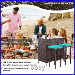 3pcs Patio Bar Set Outdoor Rattan Wicker Furniture table stools with Blue Cushions