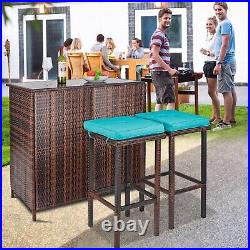 3pcs Patio Bar Set Outdoor Rattan Wicker Furniture table stools with Blue Cushions