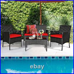 4PCS Outdoor Furniture Set Patio Rattan Conversation Set with Red Cushion