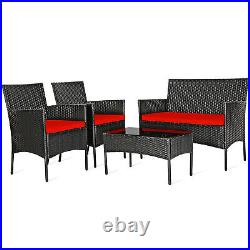 4PCS Outdoor Furniture Set Patio Rattan Conversation Set with Red Cushion