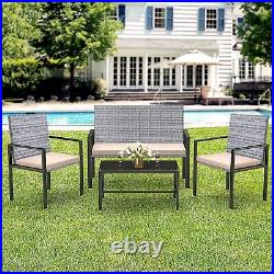 4PCS Outdoor Patio PE Rattan Wicker Table Set Sofa Furniture with Cushion