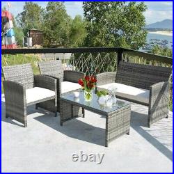 4PCS Outdoor Patio Rattan Furniture Set Cushioned Sofa Coffee Table Chair Deck