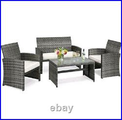 4PCS Outdoor Patio Rattan Furniture Set Cushioned Sofa Coffee Table Chair Deck