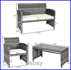 4PCS Outdoor Patio Rattan Furniture Set Cushioned Sofa Coffee Table Chair Deck