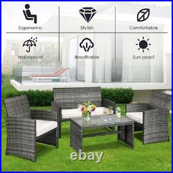 4PCS Outdoor Patio Rattan Furniture Set Cushioned Sofa Coffee Table Chair Deck