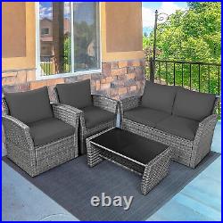 4PCS Patio Rattan Conversation Set Outdoor Furniture Set with Grey Cushions