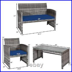 4PCS Patio Rattan Furniture Set Conversation Glass Table Top Sofa Cushioned Navy