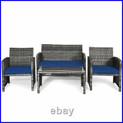 4PCS Patio Rattan Furniture Set Conversation Glass Table Top Sofa Cushioned Navy