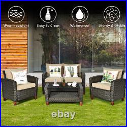 4PCS Patio Rattan Furniture Set Solid Wood Leg Cushioned Sofa Garden Lawn