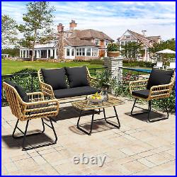 4PCS Patio Rattan Sofa Set Outdoor Garden PE Cushioned Couch Wicker Furniture