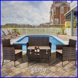 4PCS Patio Rattan Wicker Furniture Sets Table Sofa with Cushion Yard US