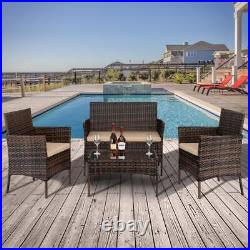 4PCS Patio Rattan Wicker Furniture Sets Table Sofa with Cushion Yard US