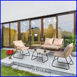 4PCS Patio Wicker Furniture Conversation Set Indoor Outdoor All-Weather Cushion