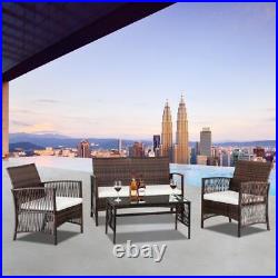 4PCS Rattan Patio Furniture Cushioned Sofa Chair & Table Glass Top Livingroom