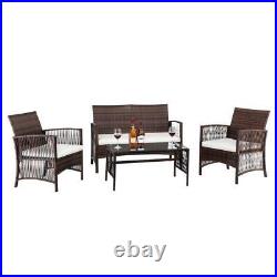 4PCS Rattan Patio Furniture Cushioned Sofa Chair & Table Glass Top Livingroom